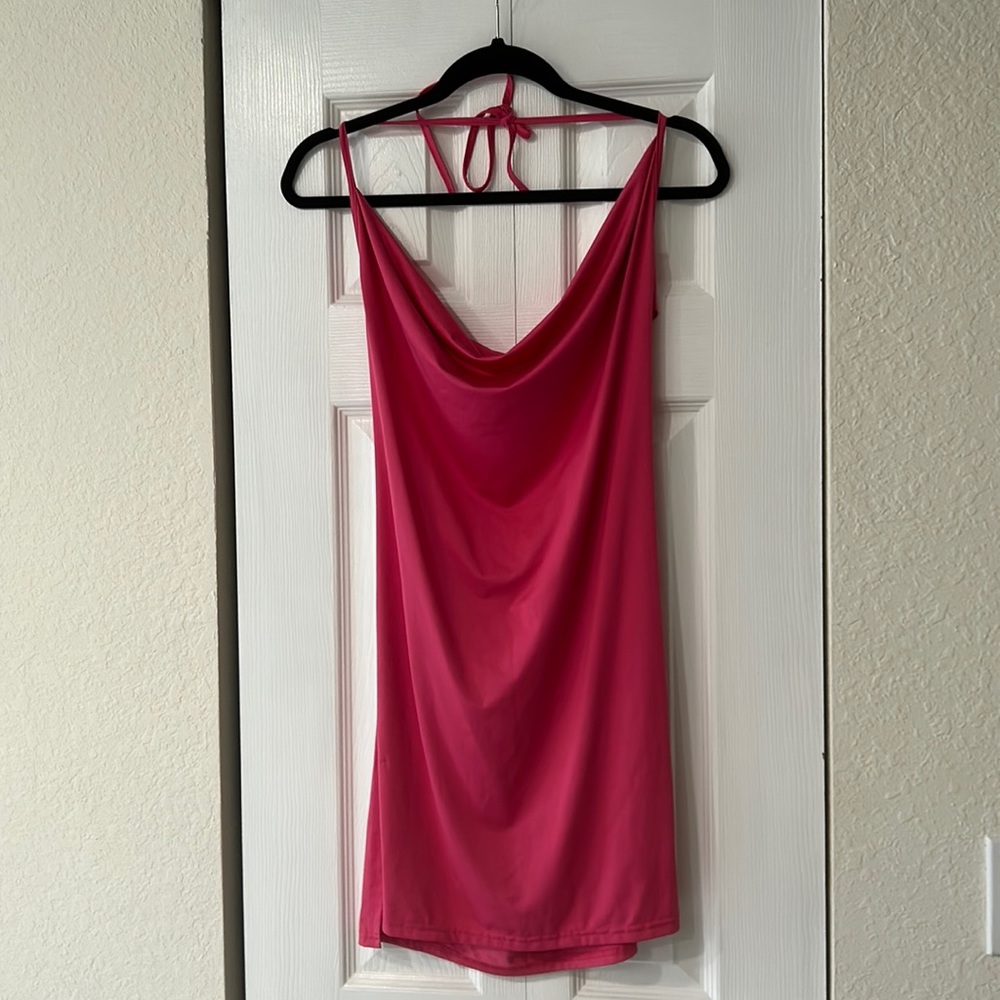 Hot pink halter tie open back dress